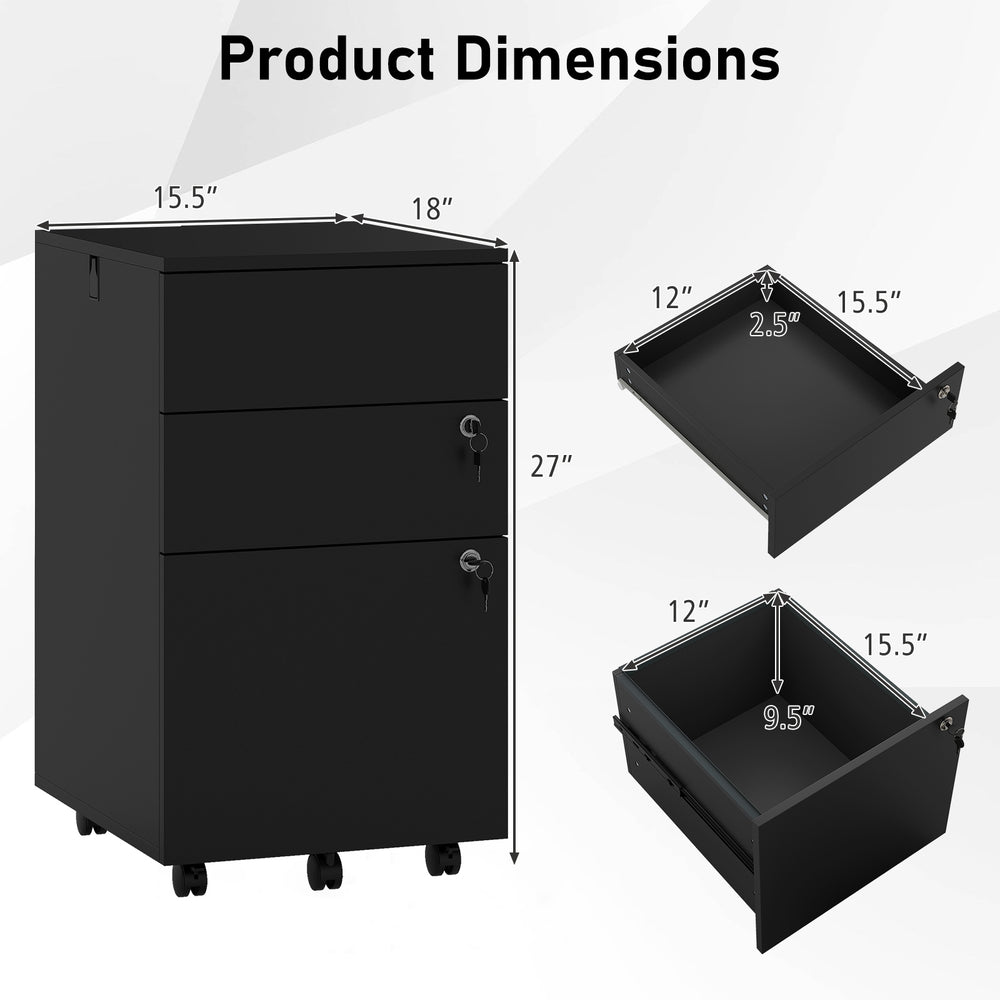 3-drawer black filing cabinet with lock, dimensions shown, featuring durable steel construction and rolling casters for.