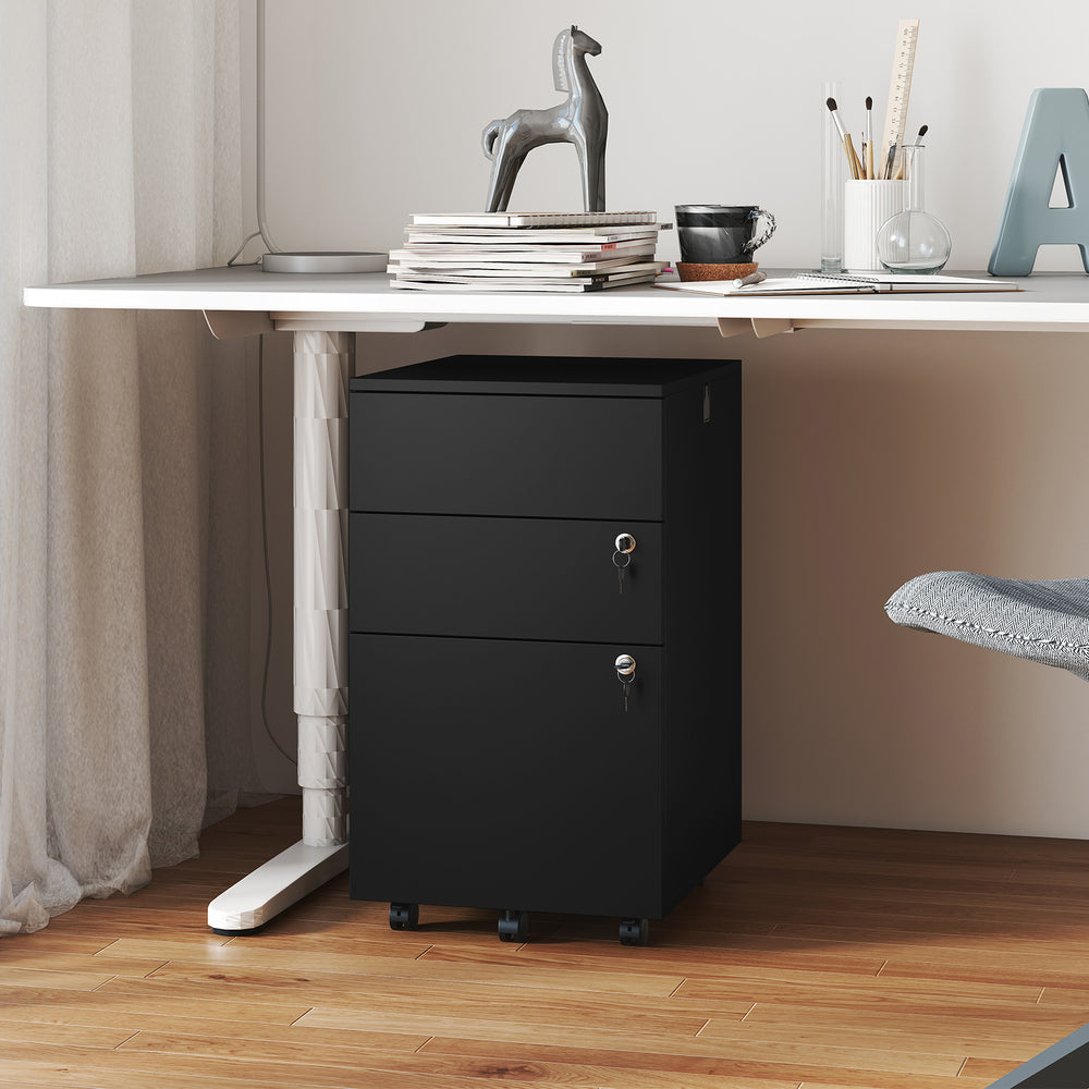 Black 3-drawer filing cabinet with lock, durable steel construction, and casters for easy mobility in an office setting.