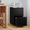 Black 3-drawer locking filing cabinet on wheels, featuring durable steel construction and ample storage for office.