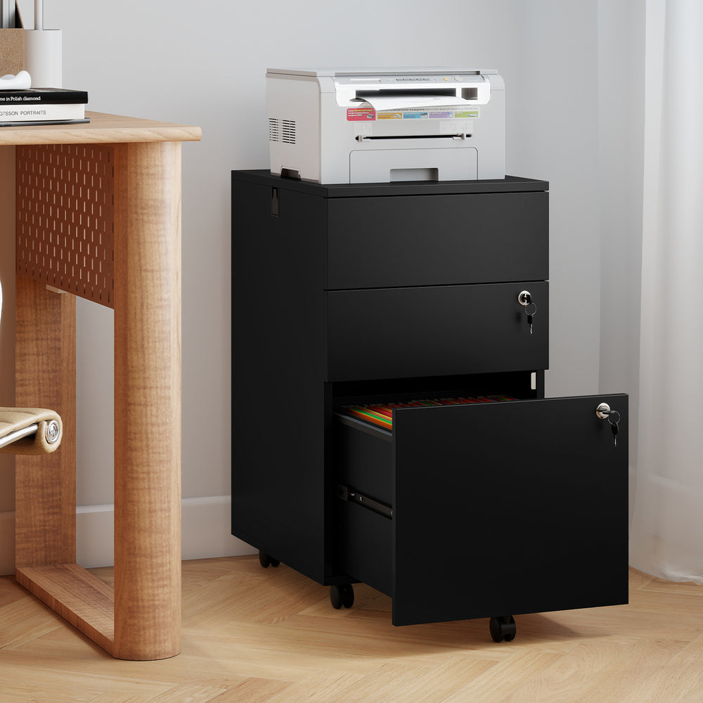 Black 3-drawer locking filing cabinet on wheels, featuring durable steel construction and ample storage for office.
