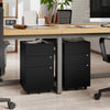 Black 3-drawer locking filing cabinet with durable steel construction and casters for easy mobility, ideal for office.