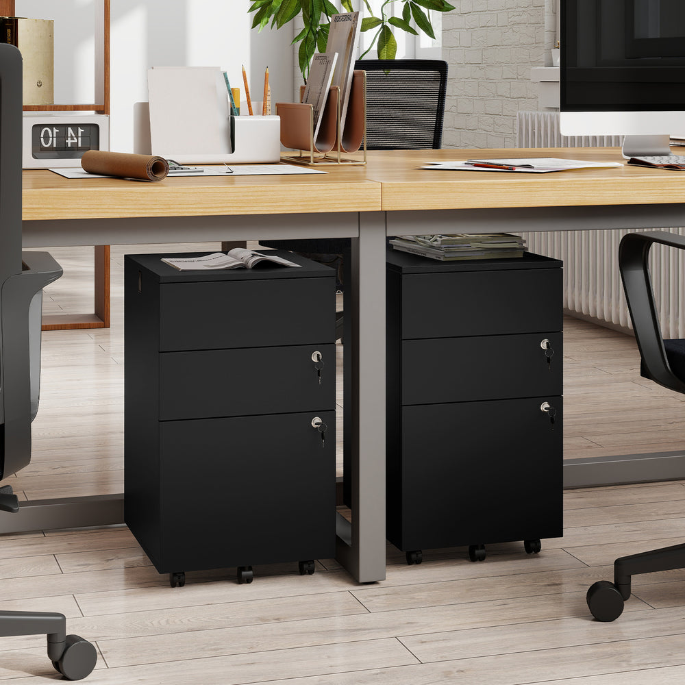 Black 3-drawer locking filing cabinet with durable steel construction and casters for easy mobility, ideal for office.