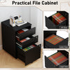 Three-drawer black filing cabinet with lock, designed for A4, letter, and legal size files, ideal for office.