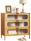 Three-drawer mid-century modern chest of drawers with reeded tempered glass front, crafted from natural bamboo for.