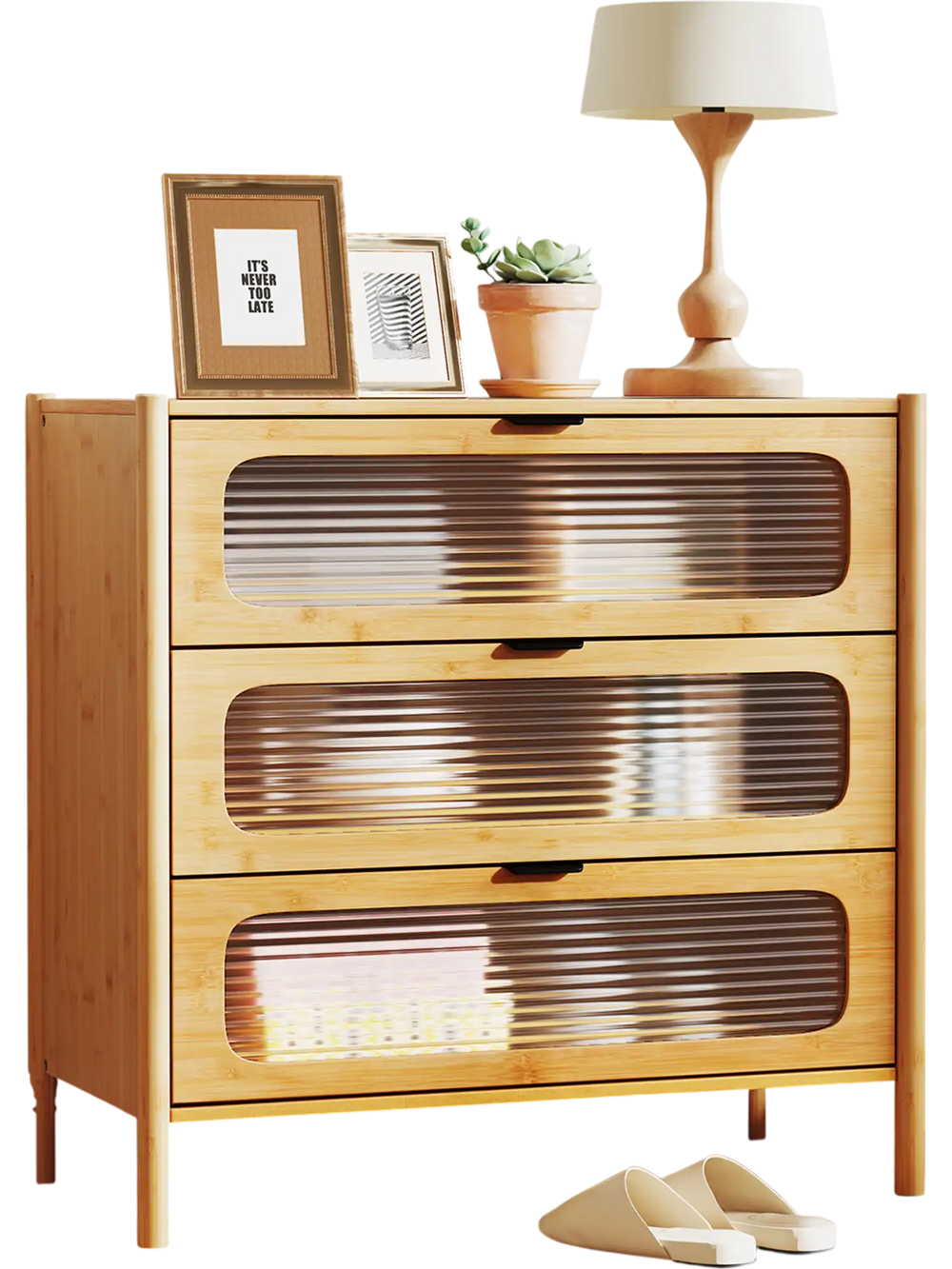 Three-drawer mid-century modern chest of drawers with reeded tempered glass front, crafted from natural bamboo for.