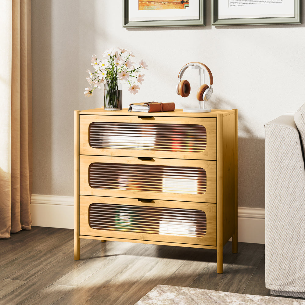 Mid-century modern chest of drawers with reeded tempered glass front, featuring three spacious drawers for organized.