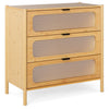 Three-drawer mid-century modern chest of drawers in natural bamboo with reeded tempered glass fronts for stylish.