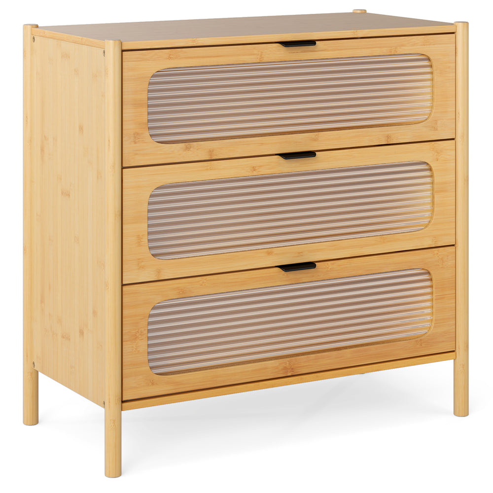 Three-drawer mid-century modern chest of drawers in natural bamboo with reeded tempered glass fronts for stylish.