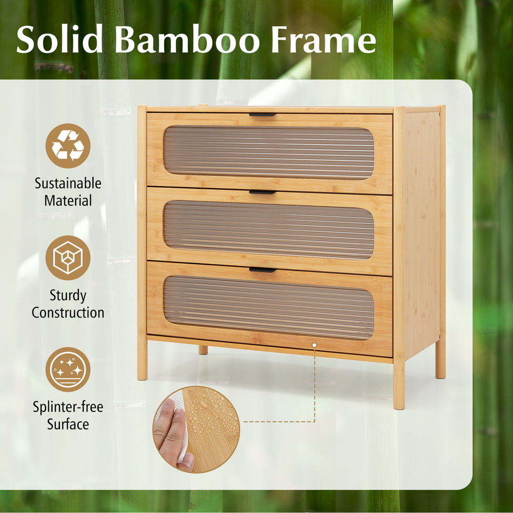 Three-drawer mid-century modern chest of drawers with reeded tempered glass front and solid bamboo frame for stylish.