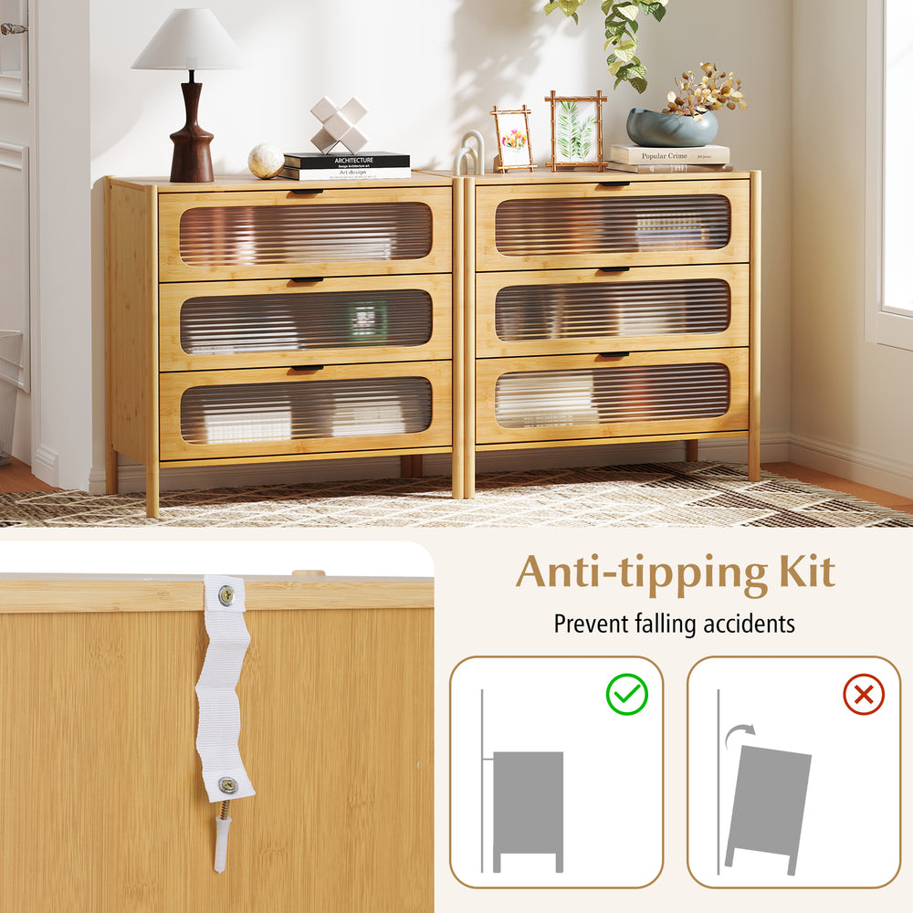 3-drawer mid-century modern chest of drawers with reeded tempered glass front, natural bamboo frame, for organized.