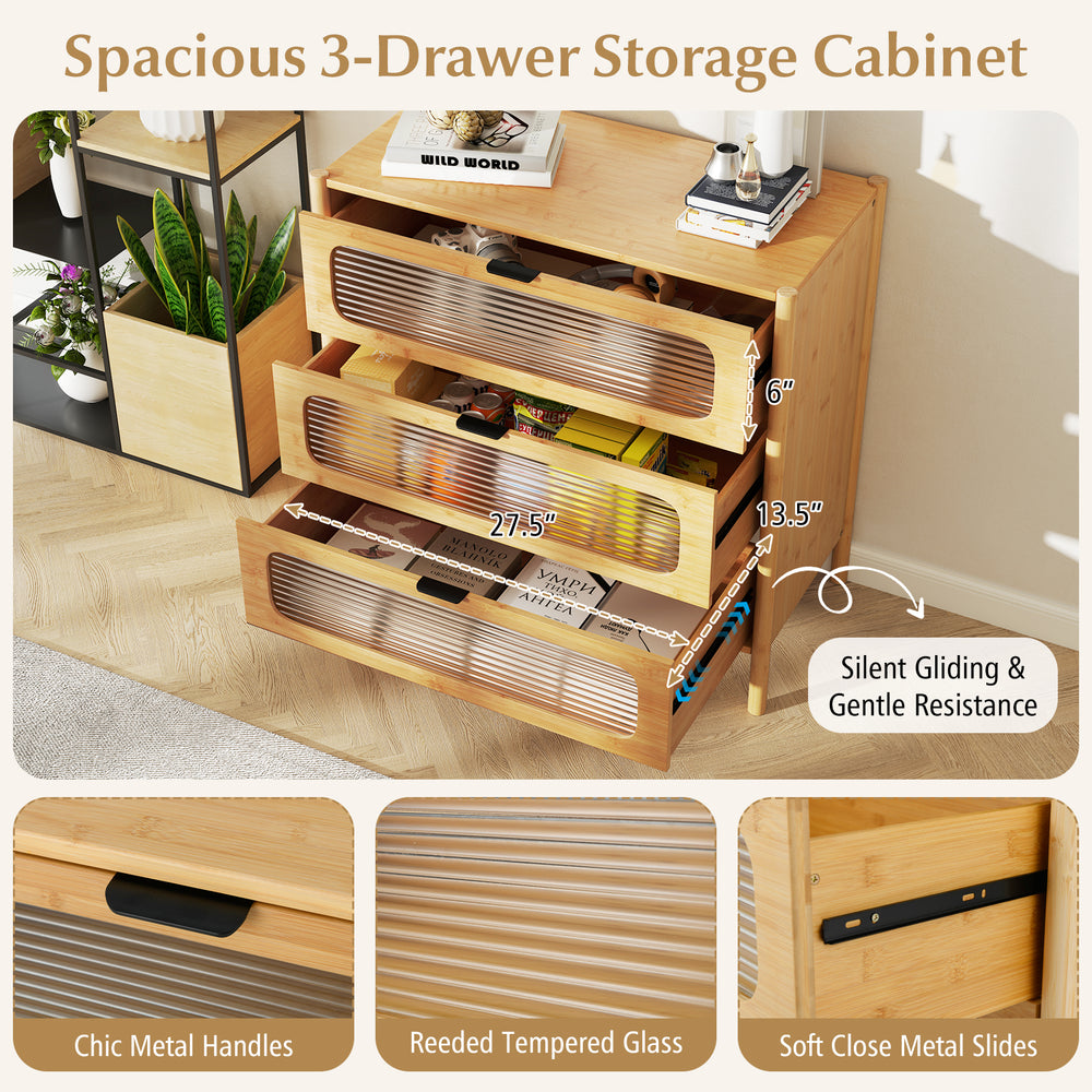 Spacious 3-drawer storage cabinet with reeded tempered glass front and soft-close metal slides for organized living.