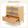 Three-drawer mid-century modern chest of drawers with reeded tempered glass front, natural bamboo finish, and.