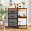 Mobile file cabinet with three fabric drawers and open shelves, featuring a wood-like surface for home office use.