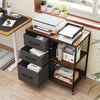 3-drawer mobile file cabinet with open shelves, brown wood-like surface, ideal for home office or living room storage.