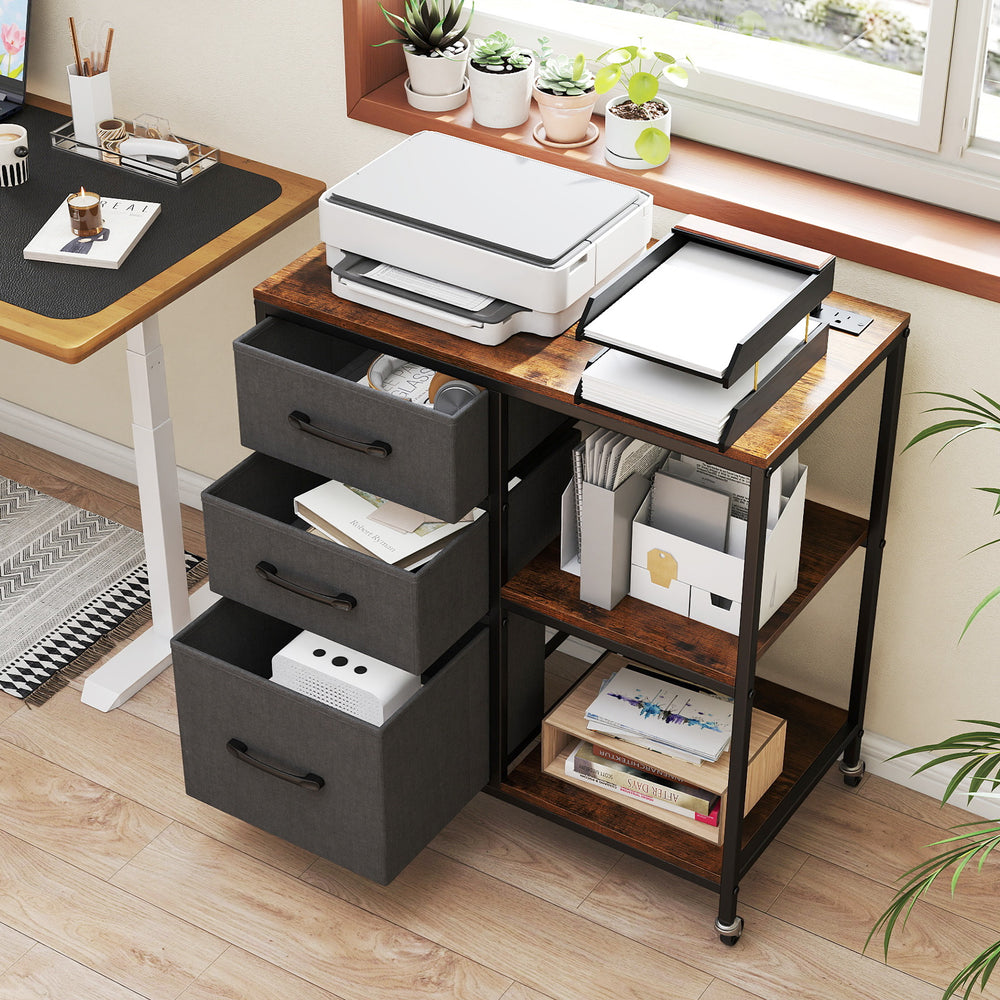 3-drawer mobile file cabinet with open shelves, brown wood-like surface, ideal for home office or living room storage.