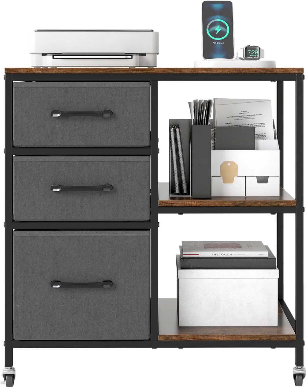 Mobile file cabinet with 3 drawers and open shelves, featuring a wood-like surface and charging station for home office.