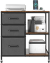 Mobile file cabinet with 3 drawers and open shelves, featuring a wood-like surface and charging station for home office.