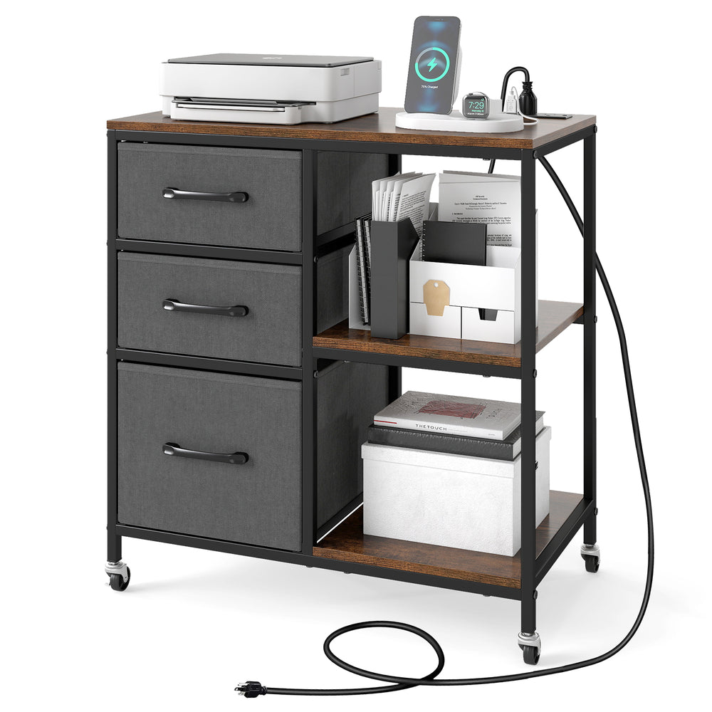 3-drawer mobile file cabinet with charging station, open shelves, and sturdy metal frame for home office or living room.