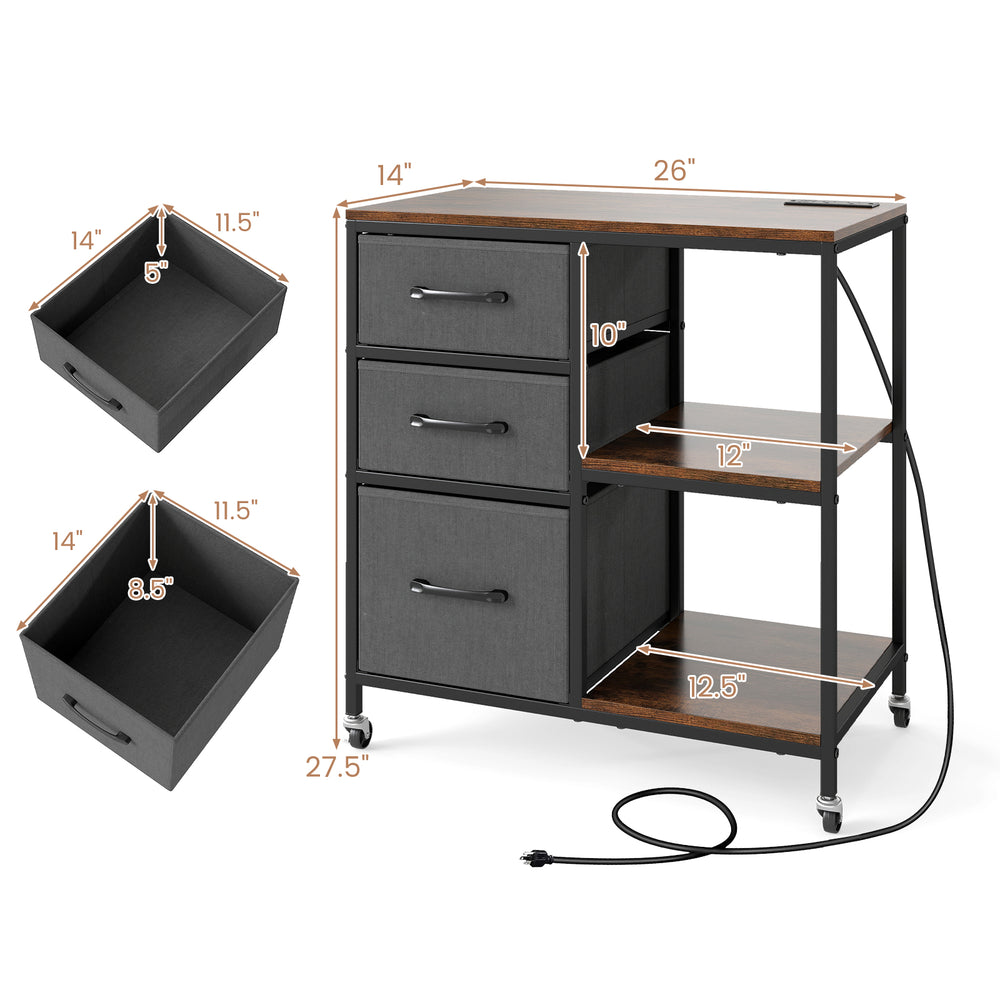 Mobile file cabinet with three fabric drawers and open shelves, featuring a brown wood-like surface and charging.