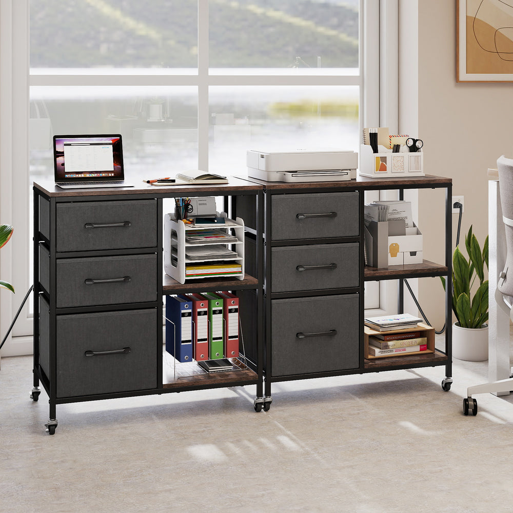 3-drawer mobile file cabinet with charging station, open shelves, and industrial design for home office organization.