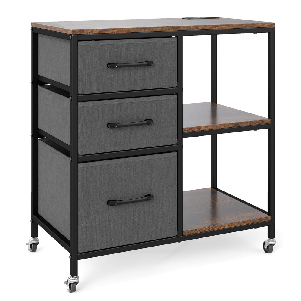 3-drawer mobile file cabinet with a wood-like surface, open shelves, and charging station for home office organization.