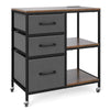 3-drawer mobile file cabinet with a wood-like surface, open shelves, and charging station for home office organization.