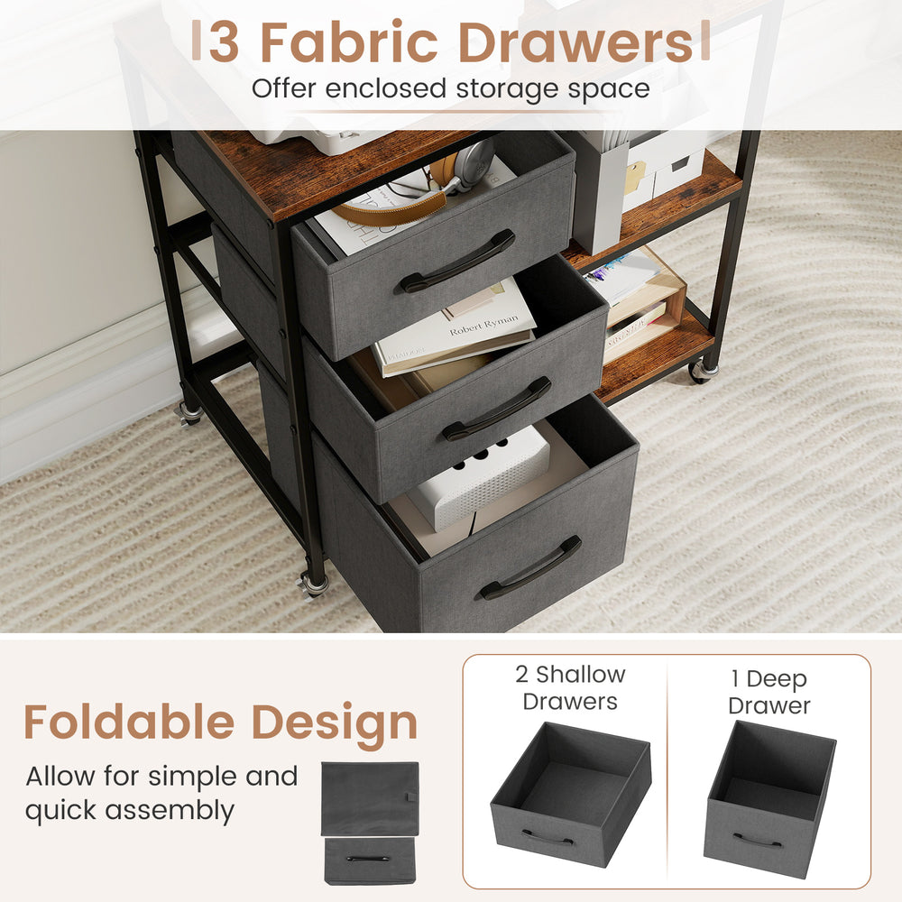 Three fabric drawers in a mobile file cabinet with a brown wood-like surface, ideal for home office storage and.