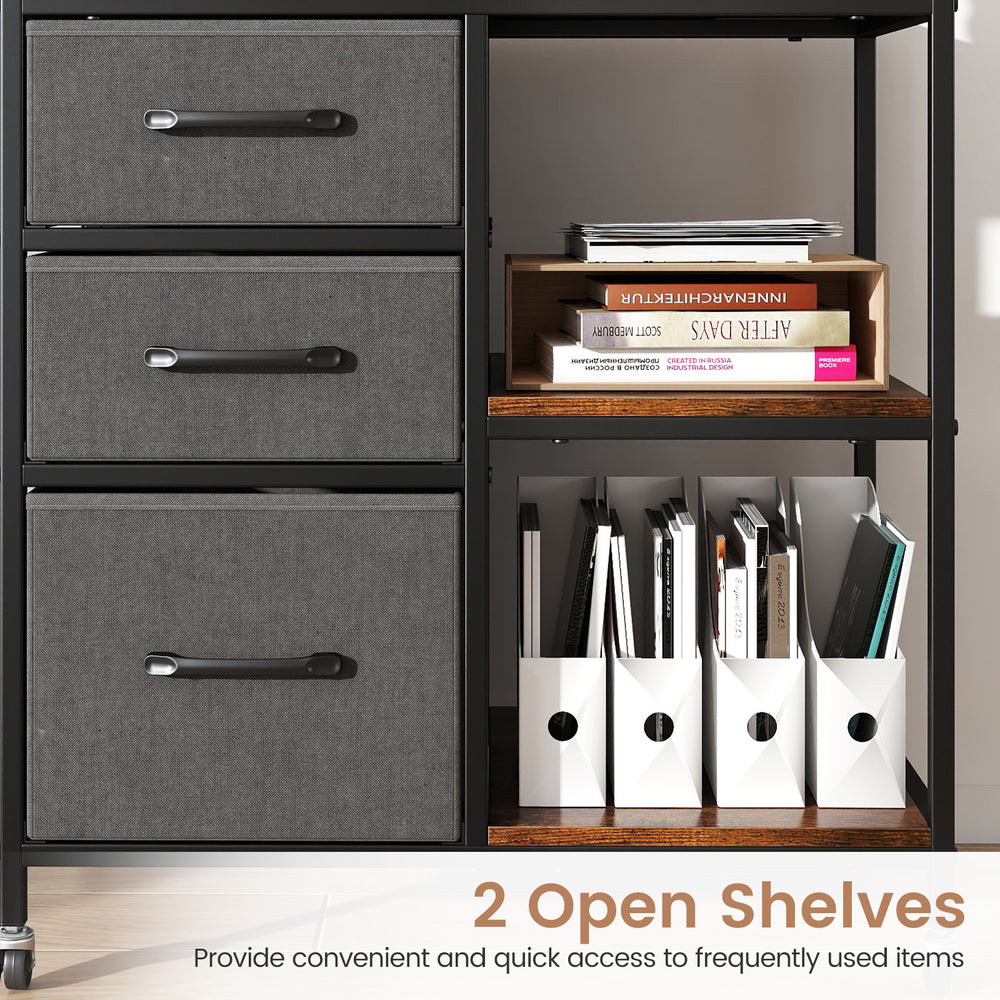 Mobile file cabinet featuring 3 fabric drawers and 2 open shelves for easy access, ideal for home office organization.