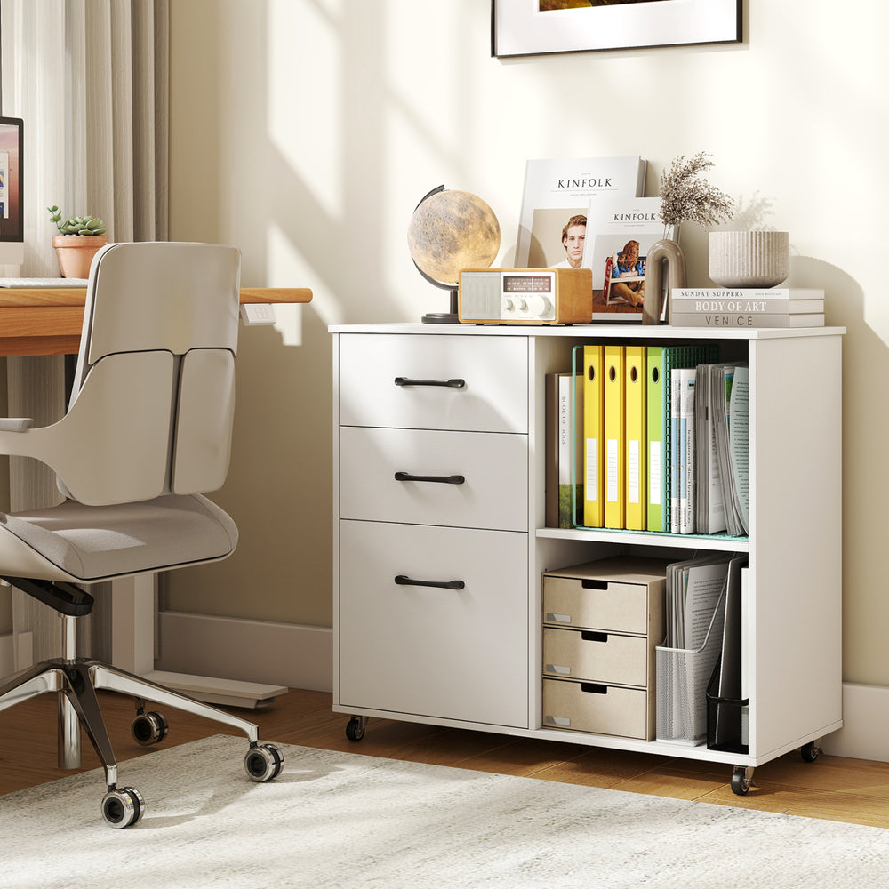 3-drawer mobile file cabinet in white with open storage shelves and wheels, ideal for organizing A4 and letter size files.