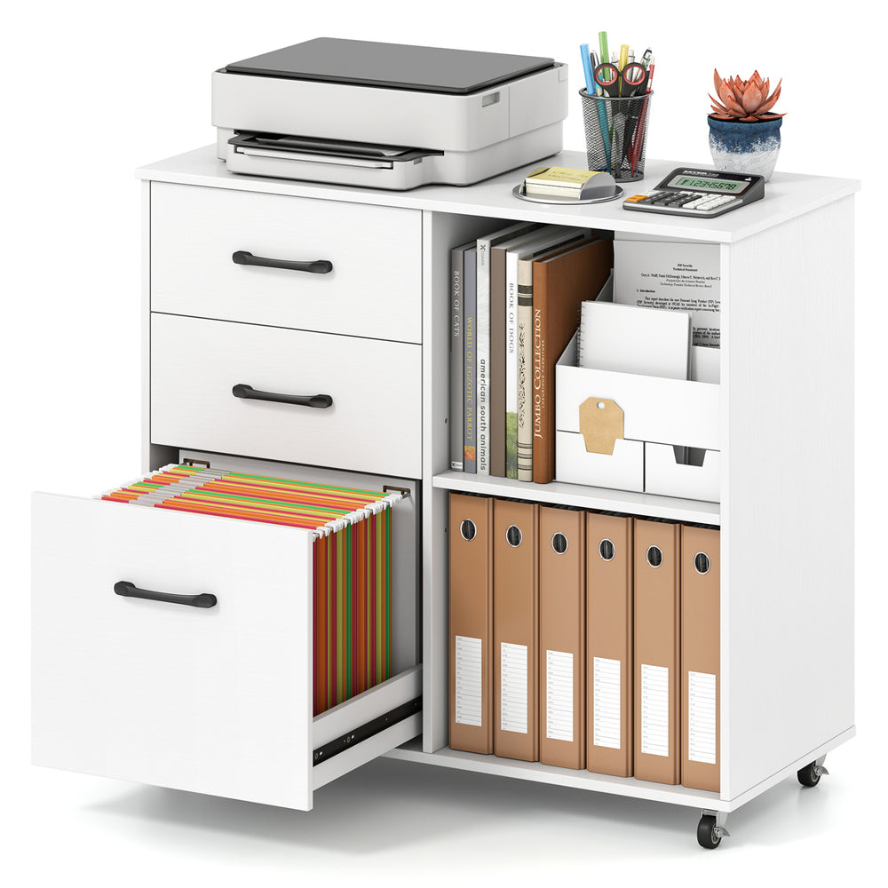 Mobile file cabinet in white with 3 drawers and open storage shelves, designed for A4 and Letter size files, on wheels.