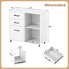 Mobile file cabinet in white with 3 drawers and open shelves, designed for A4 size files, featuring wheels for easy mobility.