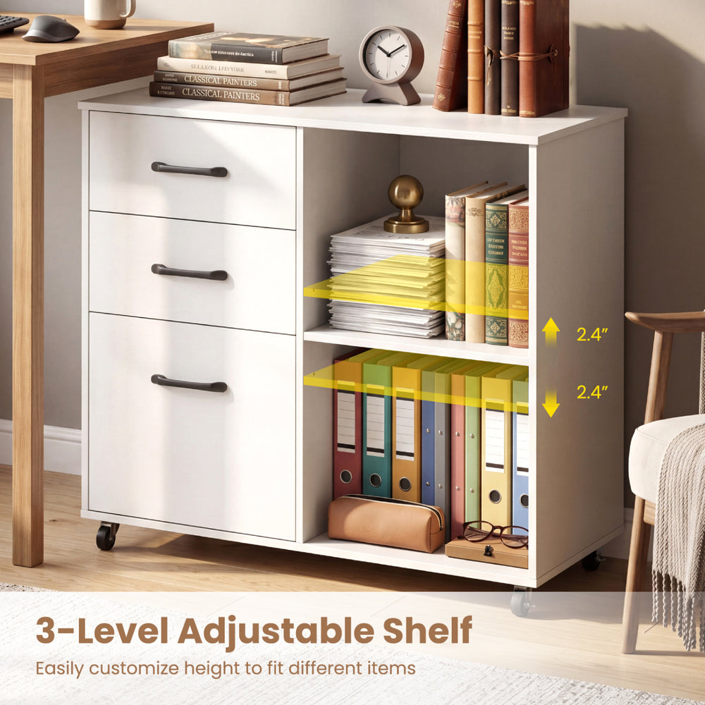 3-drawer mobile file cabinet in white with adjustable shelves, ideal for organizing A4 and Letter size documents.