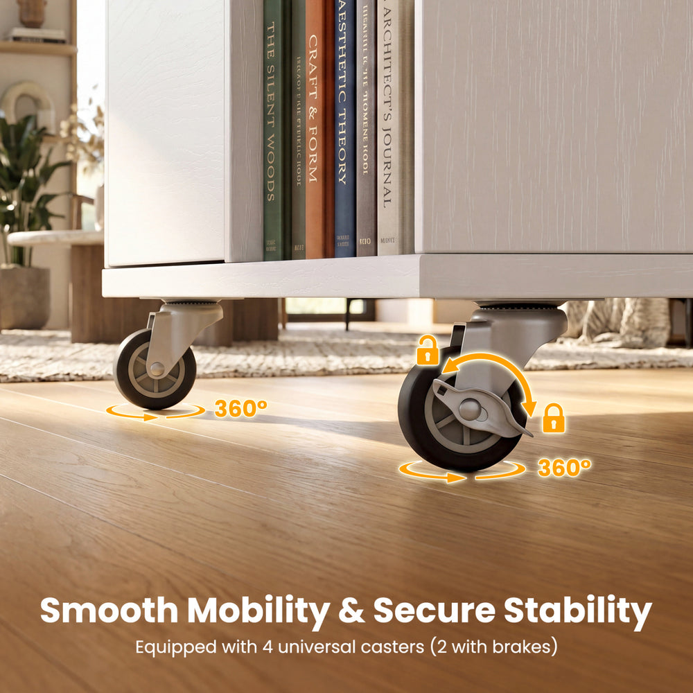 Mobile file cabinet featuring smooth-rolling wheels, 3 drawers for A4 files, and adjustable shelves for versatile storage.