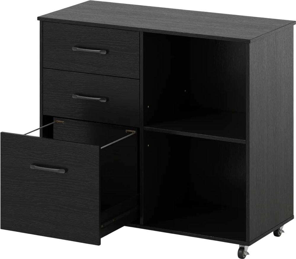 Mobile lateral file cabinet in black with three drawers and adjustable shelf, ideal for office or home organization.