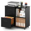 Mobile lateral file cabinet in black with three drawers, ideal for office storage and printer stand, featuring swivel.