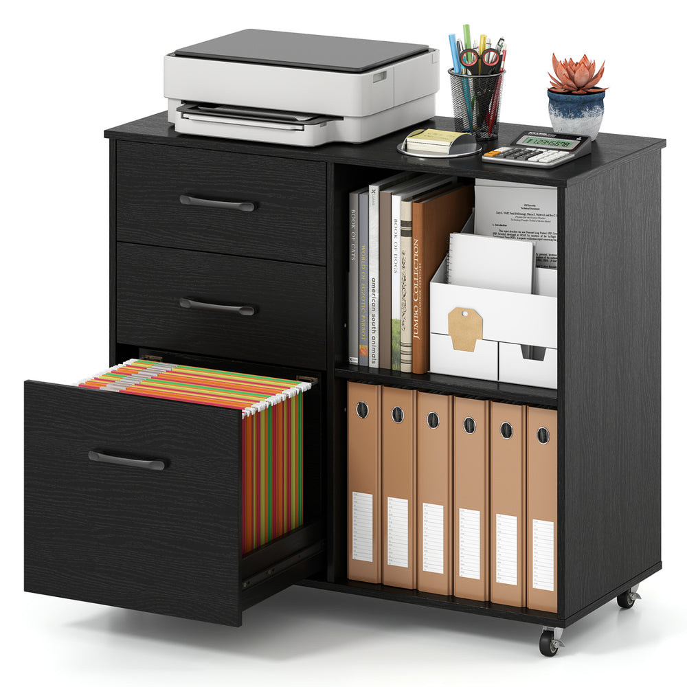 Mobile lateral file cabinet in black with three drawers, ideal for office storage and printer stand, featuring swivel.