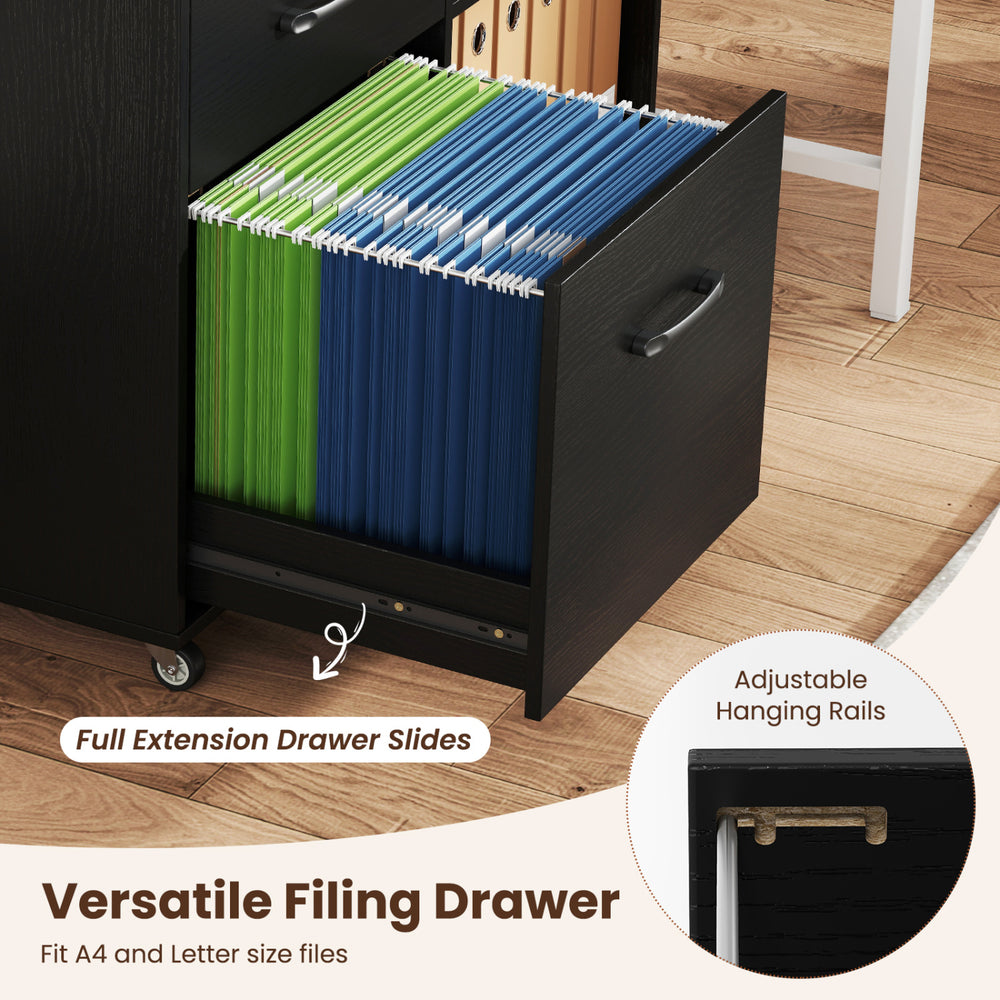 Versatile filing drawer of a black 3-drawer mobile lateral file cabinet, accommodating A4 and letter size files with.