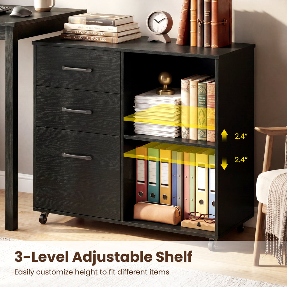 3-drawer mobile lateral file cabinet in black with adjustable shelf, ideal for office or home organization.