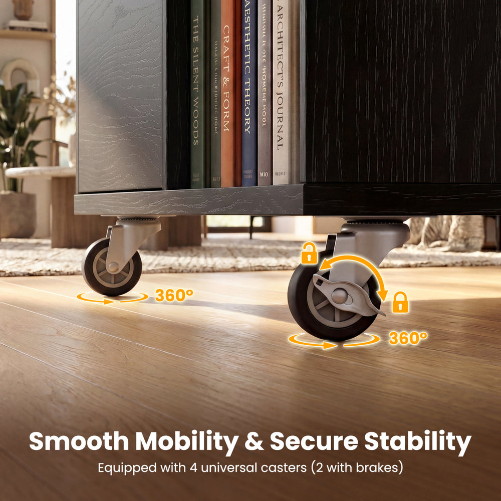 Mobile lateral file cabinet with 360° swivel casters and brakes, ideal for office and home organization.
