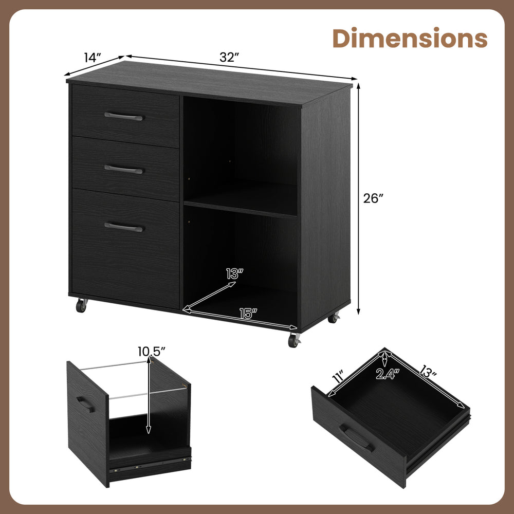 3-drawer mobile lateral file cabinet in black with adjustable shelf, ideal for office or study organization.
