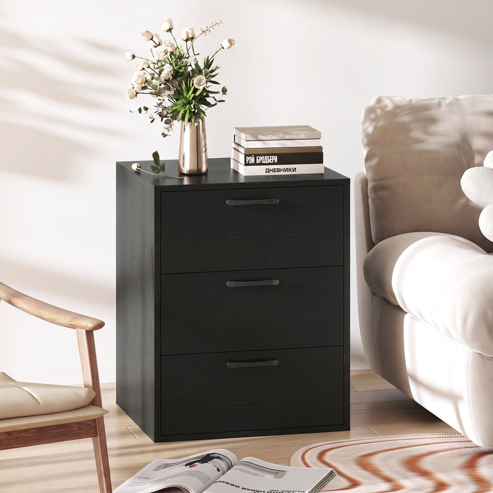 3 Drawer Nightstand with Wood Grain Finish and Storage for Living Room Bedroom Study-Black - Gallery View 1 of 9
