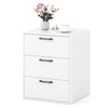 Three-drawer nightstand in white with wood grain finish, featuring a robust tabletop and designed for stylish organization.