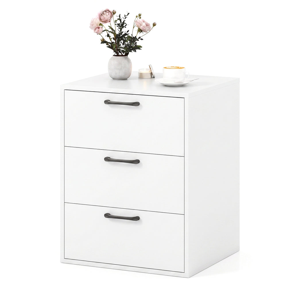 Three-drawer nightstand in white with wood grain finish, featuring a robust tabletop and designed for stylish organization.