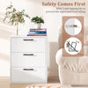 Three-drawer nightstand in white with wood grain finish, featuring anti-tip kits for safety and ample storage for any room.