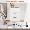 Three-drawer nightstand in white with wood grain finish, featuring metal slides and non-slip foot pads for stability.