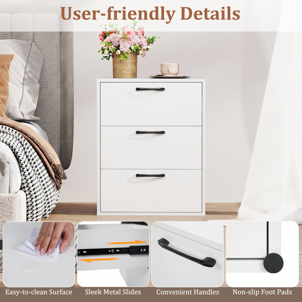Three-drawer nightstand in white with wood grain finish, featuring metal slides and non-slip foot pads for stability.