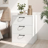 Three-drawer nightstand in white with wood grain finish, featuring sturdy construction and convenient handles for easy access.