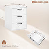 Three-drawer nightstand in white with wood grain finish, featuring ample storage and a robust tabletop for versatile use.