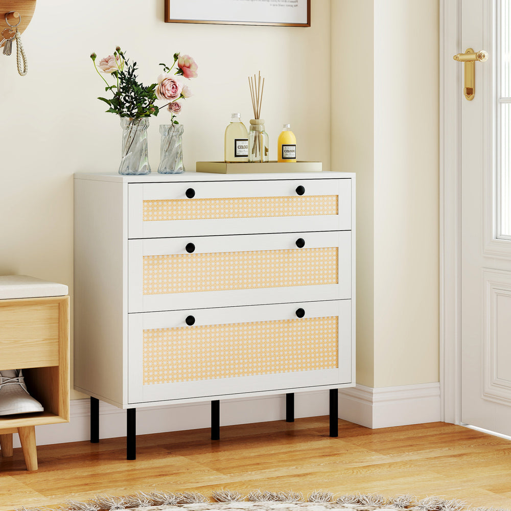 3-drawer rattan nightstand in white with woven texture, ideal for bedroom storage and decoration display.