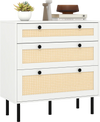 3-drawer rattan nightstand in white showcasing a spacious top surface, perfect for decor in bedrooms and living spaces.